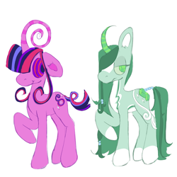 Size: 1000x1000 | Tagged: safe, artist:sugvr_alien, part of a set, rarity, twilight sparkle, oc, oc only, oc:malachite breeze, oc:twisty pop, pony, unicorn, g4, alternate design, alternate name, alternate universe, duo, rarigreen, simple background, white background