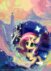 Size: 919x1290 | Tagged: safe, artist:tinybenz, sunset shimmer, pony, unicorn, g4, book, castle, female, horn, lighthouse, mare, scale, smiling, solo, sparkler (firework), stars