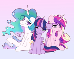 Size: 1200x960 | Tagged: safe, artist:shelti, princess cadance, princess celestia, twilight sparkle, alicorn, pony, g4, female, gradient backround, trio, twilight sparkle (alicorn)