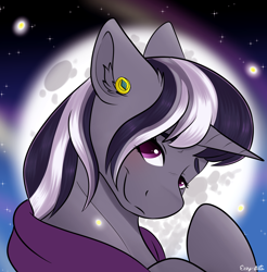 Size: 1964x1996 | Tagged: safe, artist:monsoonvisionz, moonbeam, pony, unicorn, g4, my little pony: tails of equestria, bashful, blushing, bust, cloak, clothes, cute, ear piercing, earring, female, jewelry, looking at you, mare, moon, night, night sky, no source available, piercing, portrait, sky