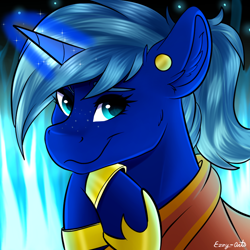 Size: 800x800 | Tagged: safe, artist:monsoonvisionz, oc, oc only, oc:novus flux, pony, unicorn, bust, clothes, ear fluff, ear piercing, earring, eyeshadow, female, fire, freckles, horn, jewelry, leg rings, looking at you, magic, magic aura, makeup, mare, piercing, ponytail, portrait, robe, signature, smiling, smirk, unicorn oc
