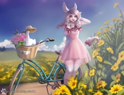 Size: 2000x1539 | Tagged: safe, artist:caddea, oc, oc only, bird, duck, earth pony, anthro, anthro oc, bicycle, braid, clothes, commission, cottagecore, dress, earth pony oc, female, field, flower, meadow, nature, open mouth, open smile, outdoors, scenery, smiling, solo, ych result