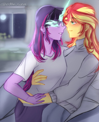 Size: 1136x1395 | Tagged: safe, artist:eddin_sciset, sci-twi, sunset shimmer, twilight sparkle, human, equestria girls, g4, duo, eye contact, female, lesbian, looking at each other, looking at someone, midnight sparkle, ship:sci-twishimmer, ship:sunsetsparkle, shipping, smiling