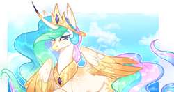 Size: 1134x601 | Tagged: safe, artist:sylvanaurora, princess celestia, alicorn, pony, g4, colored wings, colored wingtips, curved horn, eye clipping through hair, eyebrows, eyebrows visible through hair, freckles, horn, partially transparent background, solo, two toned wings, wings