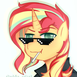 Size: 1021x1024 | Tagged: safe, artist:eddin_sciset, sunset shimmer, pony, unicorn, g4, candy, clothes, deal with it, female, food, jacket, leather, leather jacket, lollipop, looking at you, solo, sunglasses