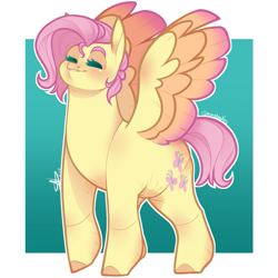 Size: 989x989 | Tagged: safe, artist:sylvanaurora, fluttershy, pegasus, pony, g4, chubby, cute, fat, fattershy, female, gradient background, mare, partially transparent background, short mane, shyabetes, smiling, solo, spread wings, stretchmarks, wings