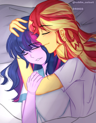 Size: 1090x1395 | Tagged: safe, artist:eddin_sciset, sci-twi, sunset shimmer, twilight sparkle, human, equestria girls, g4, blushing, cuddling, cute, eyes closed, female, hug, lesbian, ship:sci-twishimmer, ship:sunsetsparkle, shipping, smiling