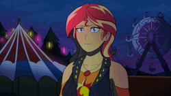Size: 1024x576 | Tagged: safe, artist:switch900v, artist:symptom99, sunset shimmer, human, equestria girls, equestria girls series, g4, amusement park, animated, clothes, cutie mark on clothes, female, ferris wheel, geode of empathy, jewelry, magical geodes, necklace, one eye closed, peace sign, smiling, solo, wink