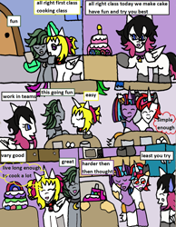 Size: 1230x1587 | Tagged: safe, artist:ask-luciavampire, oc, oc:ellen mina, oc:iris nala, oc:prince solar eclipse, oc:twilight eclipse, alicorn, bat pony, fox, pegasus, pony, cake, comic, food, fusion, tumblr, tumblr:ask-myth-melody-ponys, we have become one