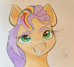 Size: 1761x1595 | Tagged: safe, artist:engi, sunny starscout, earth pony, pony, g5, female, looking at you, mane stripe sunny, mare, simple background, smiling, smiling at you, solo, traditional art, watercolor painting