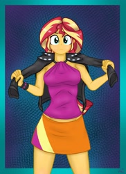 Size: 2975x4092 | Tagged: safe, artist:lennondash, sunset shimmer, human, equestria girls, g4, rainbow rocks, bare shoulders, blouse, clothes, jacket, leather, leather jacket, looking at you, midriff, skirt, sleeveless, solo, wristband