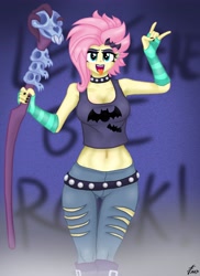 Size: 2975x4092 | Tagged: safe, artist:lennondash, fluttershy, human, equestria girls, g4, my little pony equestria girls: better together, the road less scheduled, the road less scheduled: fluttershy, alternate hairstyle, belly button, belt, boots, breasts, choker, cleavage, clothes, denim, devil horn (gesture), evening gloves, eyeshadow, fingerless elbow gloves, fingerless gloves, flutterpunk, gloves, hairpin, jeans, lipstick, long gloves, makeup, midriff, open mouth, pants, ripped jeans, ripped pants, shoes, short shirt, solo, staff, studded choker, tongue out, torn clothes