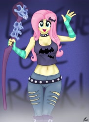 Size: 2975x4092 | Tagged: safe, alternate version, artist:lennondash, fluttershy, human, equestria girls, equestria girls series, g4, the road less scheduled, the road less scheduled: fluttershy, spoiler:eqg series (season 2), belly button, belt, boots, breasts, choker, cleavage, clothes, denim, devil horn (gesture), evening gloves, eyeshadow, fingerless elbow gloves, fingerless gloves, flutterpunk, gloves, hairpin, jeans, long gloves, makeup, midriff, open mouth, pants, ripped jeans, ripped pants, shoes, short shirt, solo, staff, studded choker, torn clothes