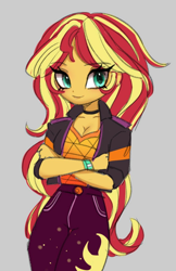Size: 678x1045 | Tagged: safe, artist:myuniemew, sunset shimmer, human, equestria girls, g4, breasts, cleavage, female, gray background, simple background, solo