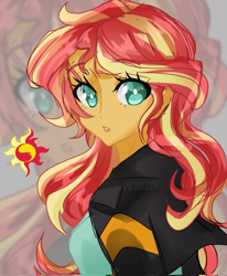 Size: 1691x2048 | Tagged: safe, artist:kajojba, sunset shimmer, human, equestria girls, g4, beautiful, beautiful eyes, blouse, clothes, colored, complex background, cute, female, jacket, looking at you, looking back, looking back at you, manga style, pursed lips, shimmerbetes, signature, solo