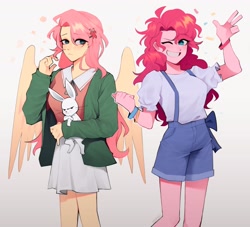 Size: 3816x3466 | Tagged: safe, artist:honekiez, angel bunny, fluttershy, pinkie pie, human, rabbit, equestria girls, g4, alternate hairstyle, animal, duo, female, gradient background, grin, high res, one eye closed, smiling, wink