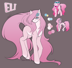 Size: 2328x2184 | Tagged: safe, artist:sparkie45, oc, oc only, oc:eli, earth pony, pony, color palette, countershading, floral head wreath, flower, frown, high res, long legs, long mane, long tail, mane physics, pale belly, raised leg, redesign, simple background, solo, tail