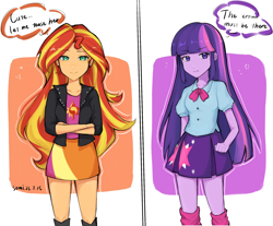 Size: 1954x1620 | Tagged: safe, artist:wan_b1gdaddy, sunset shimmer, twilight sparkle, human, equestria girls, g4, my little pony equestria girls, clothes, crossed arms, duo, female, implied lesbian, implied shipping, implied sunsetsparkle, jacket, skirt, thought bubble