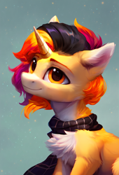 Size: 1302x1920 | Tagged: safe, ai assisted, ai content, artist:eternalis, generator:pony diffusion v5, oc, oc only, oc:floire, pony, unicorn, abstract background, chest fluff, clothes, ear fluff, male, scarf, solo