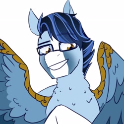 Size: 2600x2600 | Tagged: safe, artist:cracked hooves, oc, oc only, oc:soaring spirit, pegasus, pony, accessory, armor, bust, chest fluff, coat markings, colored wings, facial markings, fluffy, glasses, high res, looking at you, male, markings, multicolored hair, multicolored wings, neck fluff, pegasus oc, portrait, profile, raffle prize, simple background, smiling, smiling at you, smirk, solo, stallion, three toned wings, white background, wing armor, wing brace, wings
