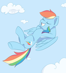 Size: 1100x1200 | Tagged: safe, artist:imaplatypus, rainbow dash, pegasus, pony, g4, backwards cutie mark, cloud, eyes closed, flying, grin, relaxed, sky, smiling, solo, spread wings, wings