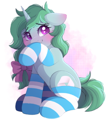 Size: 1794x1976 | Tagged: safe, artist:adostume, oc, oc only, oc:kazumi, pony, unicorn, blushing, bow, clothes, cute, ear blush, eyebrows, eyebrows visible through hair, female, floppy ears, hair bow, horn, long hair, long mane, looking back, mare, messy mane, ocbetes, raised hoof, shy, simple background, sitting, smiling, socks, solo, striped socks, unicorn oc, wavy mouth