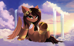 Size: 4390x2772 | Tagged: safe, artist:empress-twilight, oc, oc only, oc:laurel light, pegasus, pony, chest fluff, cloud, commission, ear fluff, eyebrows, eyebrows visible through hair, female, frog (hoof), high res, jewelry, laurel wreath, leaning back, looking at you, mare, on a cloud, partially open wings, pegasus oc, regalia, sitting, sky, smiling, smiling at you, solo, underhoof, unshorn fetlocks, wings, ych result