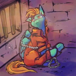Size: 1024x1024 | Tagged: safe, artist:yarrowtrees, lightning dust, pegasus, pony, g4, bound wings, chained, chains, clothes, commissioner:rainbowdash69, cuffed, cuffs, jail, jail cell, jumpsuit, karma, never doubt rainbowdash69's involvement, prison, prison outfit, prisoner, shackles, solo, wings