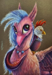 Size: 1851x2653 | Tagged: safe, artist:cahandariella, edith, silverstream, cockatrice, hippogriff, g4, beak, bust, colored pencil drawing, cute, feather, female, gray background, jewelry, looking at you, necklace, portrait, realistic, scales, simple background, traditional art
