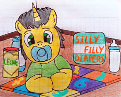 Size: 3603x2902 | Tagged: safe, artist:bitter sweetness, oc, oc:bitter sweetness, pony, unicorn, abdl, adult foal, baby bottle, baby powder, clothes, diaper, diaper fetish, fetish, graph paper, green eyes, high res, hooves, horn, looking at you, male, milk, non-baby in diaper, pacifier, playmat, socks, striped socks, traditional art, wooden floor