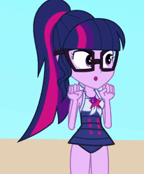 Size: 278x338 | Tagged: safe, artist:a giant woman, sci-twi, twilight sparkle, human, equestria girls, g4, animated, bouncing, clothes, gif, swimsuit
