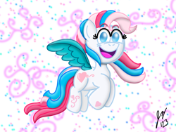 Size: 2160x1620 | Tagged: safe, star catcher, pegasus, pony, g3, digital art, female, flying, full body, looking at you, mare, signature, simple background, smiling, smiling at you, sparkles, spread wings, swirls, white background, wings
