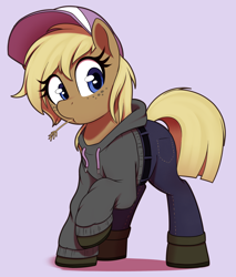 Size: 1700x2000 | Tagged: safe, artist:thebatfang, oc, oc only, oc:hay bale, earth pony, pony, boots, cap, clothes, denim, female, freckles, hat, hoodie, jeans, looking at you, mare, pants, raised hoof, shoes, simple background, solo, straw in mouth