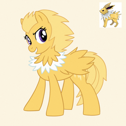 Size: 2000x2000 | Tagged: safe, artist:mediocremare, jolteon, poképony, pony, high res, pokémon, ponified, simple background, solo, yellow background