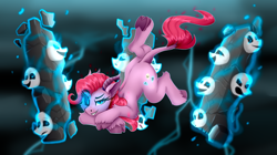 Size: 7740x4320 | Tagged: safe, artist:singovih, pinkie pie, demon, demon pony, earth pony, pony, g4, cloud, female, grin, horns, levitation, lightning, looking at you, magic, mare, mask, sky, smiling, smiling at you, solo, species swap, telekinesis, totem