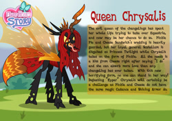 Size: 1070x747 | Tagged: safe, artist:aleximusprime, queen chrysalis, changeling, changeling queen, moth, mothling, original species, fanfic:my big fat pink wedding, flurry heart's story, g4, bio, female, hyper chrysalis, mandibles, red changeling, solo, spread wings, stinger, text, tongue out, wings