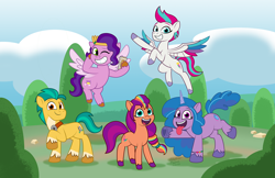 Size: 1920x1243 | Tagged: safe, artist:aleximusprime, hitch trailblazer, izzy moonbow, pipp petals, sunny starscout, zipp storm, earth pony, pegasus, pony, unicorn, g5, my little pony: tell your tale, bracelet, cellphone, cute, female, flying, group shot, jewelry, male, male and female, mane five, mane stripe sunny, mare, one eye closed, phone, princess, selfie, smartphone, spread wings, stallion, style emulation, tongue out, wings, wink