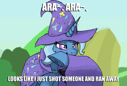 Size: 1961x1323 | Tagged: safe, artist:reddthebat, trixie, pony, unicorn, g4, ara ara, cape, clothes, female, gun, hipoint, mare, meme, solo, weapon