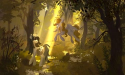 Size: 2048x1229 | Tagged: safe, artist:hichieca, oc, oc only, oc:cookie byte, oc:tiz honolulu, pegasus, pony, unicorn, commission, crepuscular rays, duo, duo female, female, flower, flower in mouth, forest, horn, looking at each other, looking at someone, mare, mouth hold, pegasus oc, scenery, tree, unicorn oc
