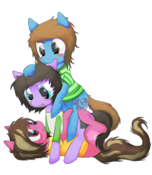 Size: 6500x7500 | Tagged: safe, artist:cactuscruncher, derpibooru exclusive, earth pony, pony, absurd resolution, alex gaskarth, biting, blue coat, blue eyes, blushing, brown mane, clothes, dyed mane, dyed tail, ear bite, emo, facial hair, flustered, grin, jack barakat, josh franceschi, loving gaze, lying down, lying on pony, male, messy mane, messy tail, on back, open mouth, petting, pink coat, ponified, pony sandwich, purple coat, red eyes, shiny eyes, shirt, simple background, sitting on person, sitting on pony, smiling, stack, stallion, striped shirt, t-shirt, tail, transparent background, trio, trio male, yellow eyes