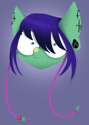 Size: 829x1167 | Tagged: safe, artist:avi, oc, original species, braid, green fur, looking at you, male, piercing, purple hair, simple background, small eyes, solo