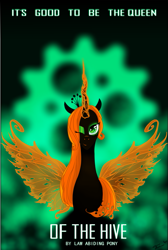 Size: 673x1000 | Tagged: safe, artist:gryphonia, oc, oc only, oc:queen yumia, changeling, changeling queen, fanfic:of the hive, abstract background, changeling queen oc, fanfic art, female, gears, looking at you, one eye closed, orange changeling, solo, spread wings, wings