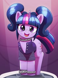 Size: 1861x2504 | Tagged: safe, artist:pabbley, gameloft, twilight sparkle, pony, unicorn, g4, my little pony: magic princess, alternate hairstyle, clothes, cute, female, gameloft interpretation, high res, jacket, looking at you, mare, open mouth, open smile, pigtails, rockstar sparkle, smiling, smiling at you, solo, spiked wristband, twiabetes, twintails, unicorn twilight, weapons-grade cute, wristband