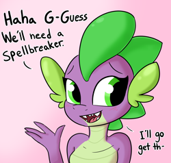 Size: 6544x6242 | Tagged: safe, artist:tjpones, spike, dragon, g4, absurd resolution, barb, bust, dialogue, dragoness, explicit source, female, implied transformation, implied twilight sparkle, looking offscreen, open mouth, open smile, rule 63, smiling, solo
