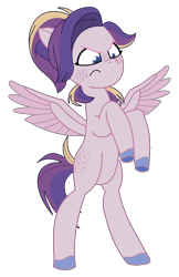 Size: 550x850 | Tagged: safe, artist:westrail642fan, oc, oc only, oc:shooting star (r&f), pegasus, pony, g4, g5, my little pony: tell your tale, zipp's flight school, spoiler:g5, spoiler:my little pony: tell your tale, spoiler:tyts01e02, belly, bipedal, female, freckles, g4 to g5, generation leap, mare, offspring, parent:oc:david wyne, parent:princess cadance, parents:canon x oc, pegasus oc, rearing, simple background, solo, spread wings, style emulation, transparent background, wings