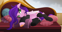 Size: 3784x1991 | Tagged: safe, artist:andaluce, pipp petals, pegasus, pony, g5, adorapipp, clothes, cute, female, fluffy, hockless socks, lineless, looking at you, lying down, mare, pillow, smiling, socks, solo, underhoof, unshorn fetlocks