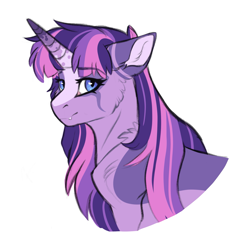 Size: 2053x2038 | Tagged: safe, artist:venommocity, twilight sparkle, pony, unicorn, g4, alternate design, alternate eye color, blue eyes, bust, cheek fluff, cute, cute little fangs, ear fluff, fangs, high res, simple background, solo, unicorn twilight, white background