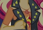 Size: 149x105 | Tagged: safe, screencap, sunset shimmer, human, cheer you on, equestria girls, g4, my little pony equestria girls: better together, boobshot, breasts, clothes, cutie mark on clothes, fist, geode of empathy, jewelry, leather, leather vest, magical geodes, necklace, pictures of chests, shoulderless shirt, solo, spikes, vest