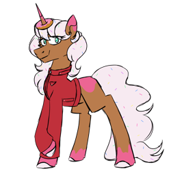 Size: 900x900 | Tagged: safe, alternate version, artist:fuckomcfuck, oc, oc only, oc:donut daydream, pony, unicorn, alternate color palette, clothes, donut, food, jacket, simple background, solo, transparent background