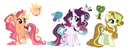 Size: 5448x2073 | Tagged: safe, artist:dixieadopts, oc, oc only, oc:jade mist, oc:pear petal, oc:strawberry sunshine, earth pony, pony, unicorn, beanbrows, bow, braid, choker, chopsticks, chopsticks in hair, coat markings, colored hooves, curved horn, cyan eyes, ear piercing, earring, eyebrows, facial markings, female, flower, flower in hair, freckles, gradient mane, gradient tail, green eyes, horn, jewelry, leg freckles, long tail, magenta eyes, magical lesbian spawn, mare, offspring, parent:fluttershy, parent:grand pear, parent:granny smith, parent:mistmane, parent:pinkie pie, parent:sunburst, parents:flutterburst, parents:grannypear, parents:mistpie, parents:pearsmith, piercing, raised hoof, simple background, socks (coat markings), standing, star (coat marking), tail, tail bow, transparent background, unicorn oc